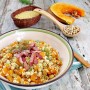 insalata tiepida di miglio e soia con zucca e pancetta affumicata